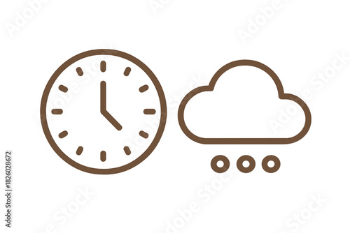 Simple graphic depicting a clock face next to a cloud symbol indicating rain or snow forecast