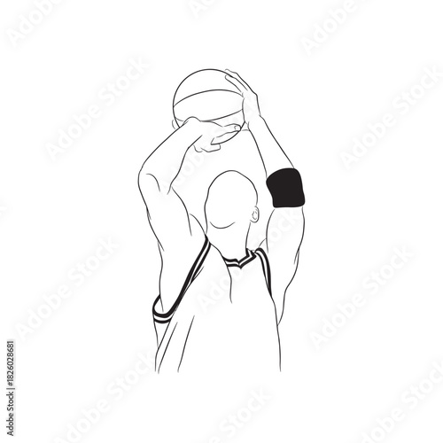 This vector shows a basketball player raising the ball overhead, preparing to shoot, with clean outlines emphasizing motion, focus, and athletic form.