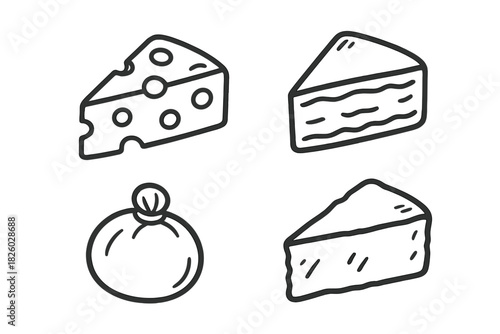 Hand drawn outline set of various cheese types including Swiss, layered, and round pieces