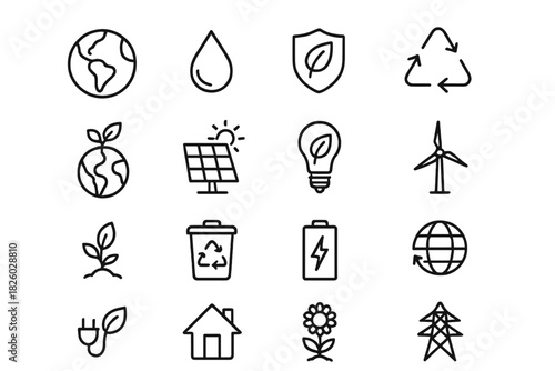 Outline icons for ecology, renewable energy, and environmental protection concepts