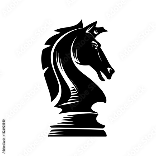 Black and White Silhouette of a Stylized Chess Knight Piece Representing Strategy and Competition