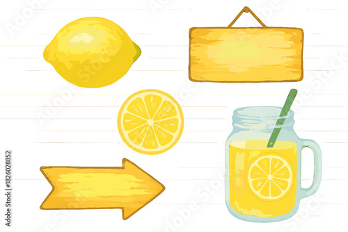 Lemonade drink and fresh citrus fruit with rustic wooden signs collection