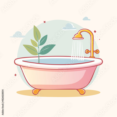 A Delicate Pink Bathtub Filled With Water Under a Golden Shower Head With a Small Green Plant Growing Inside And Light Blue Clouds in a Pale Yellow Background