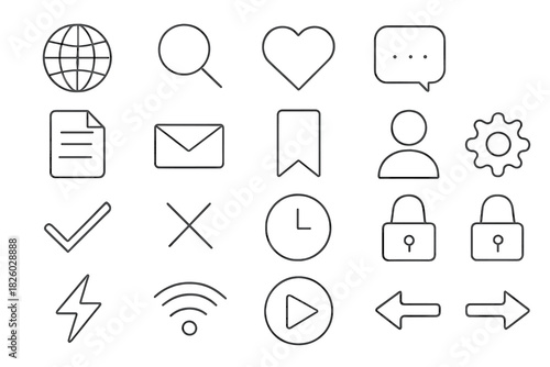 Essential outline icons set for modern web design and mobile application interfaces