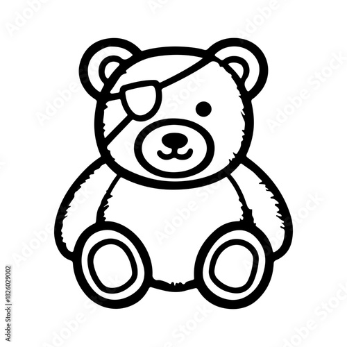 Cute Cartoon Teddy Bear with Eye Patch in Black and White Outline for Children's Artwork or Fun Designs