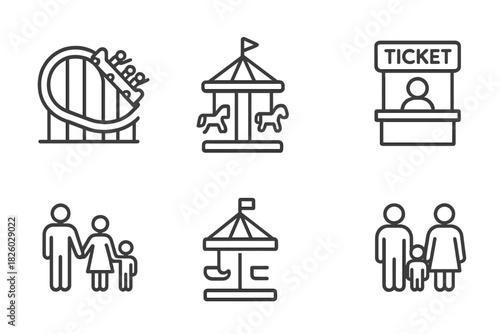 Amusement park attractions including roller coaster, carousel, ticket booth, and family activities