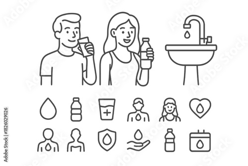 Line icons for hydration tracking, water consumption, and daily health intake