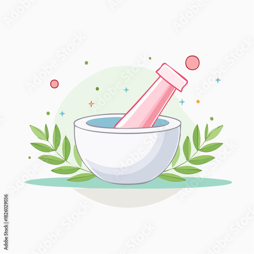 White Mortar And Pestle With Pink Accents Surrounded By Green Leaves And Abstract Colorful Shapes On A White Background