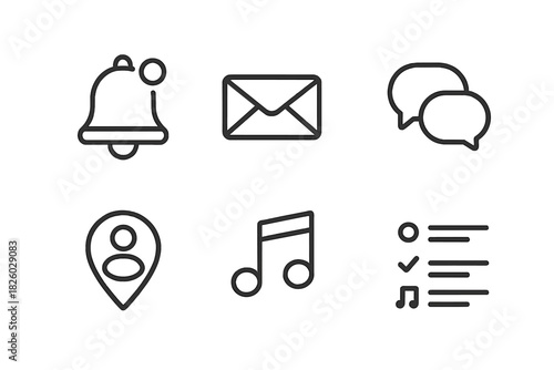 Basic user interface symbols for digital communication, alerts, location tracking, and media playback