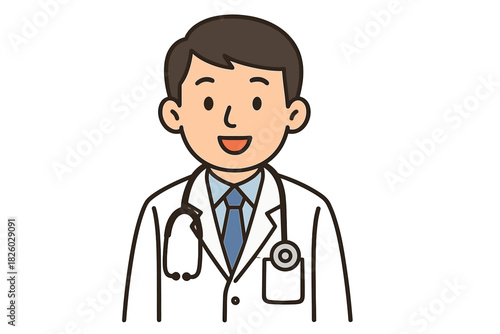 Friendly male medical professional wearing a white coat and stethoscope smiling happily