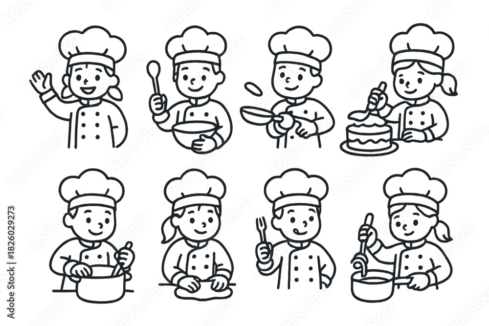 Fototapeta premium Monochrome avatars of happy chefs performing kitchen tasks in uniform and hats