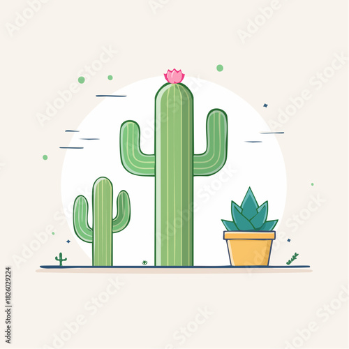 Illustration of Three Green Cacti with a Pink Flower on the Tallest Cactus and a Small Succulent in a Yellow Pot Against a White Circular Background with Light Blue Accents