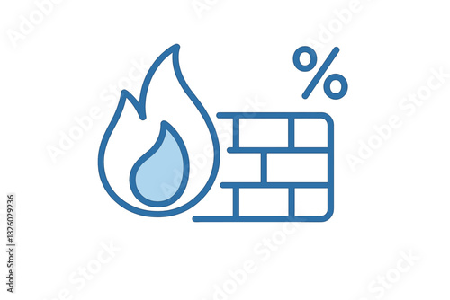 Fire resistance rating with flame, protective brick wall, and percentage symbol