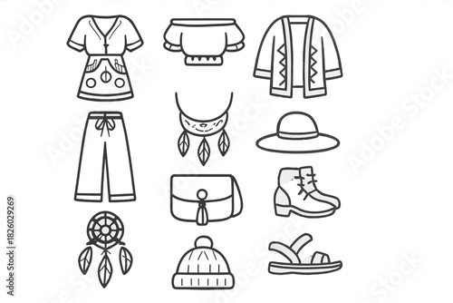 Bohemian style casual clothing items and fashion accessories set on white background