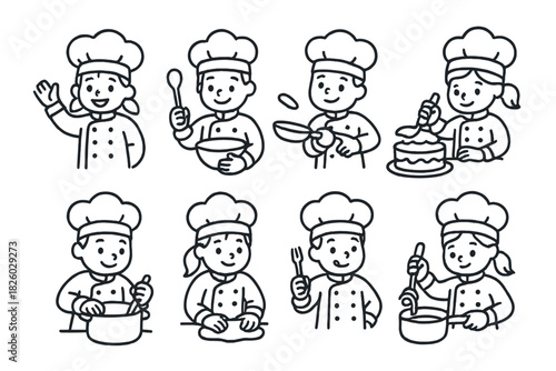 Monochrome avatars of happy chefs performing kitchen tasks in uniform and hats