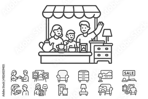 Happy family selling antique furniture and household goods at a street market stall