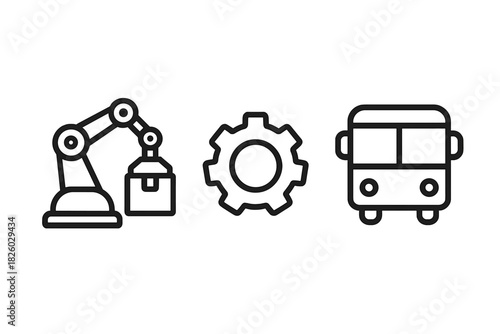 Line icons representing industrial automation, mechanical engineering, and public transportation systems