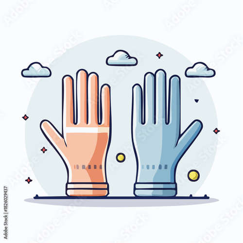Two Hands Wearing Protective Gloves A Blue Pair And Orange Pair Against A Light Blue Background With Clouds And Stars