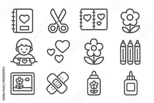 Arts and crafts supplies and activities including scissors, glue, pencils, flowers, and hearts