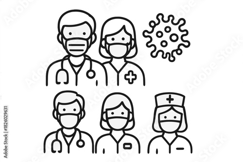 Essential healthcare workers wearing protective masks during a viral pandemic