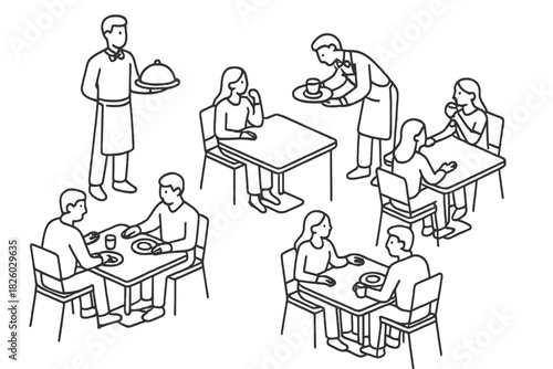 Busy restaurant scene with customers sitting at tables and waiters serving food and drinks