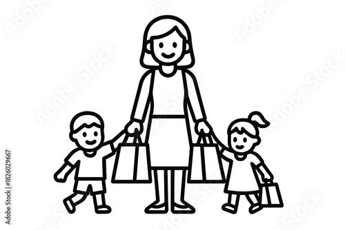 Smiling mother with son and daughter carrying multiple shopping bags after retail therapy
