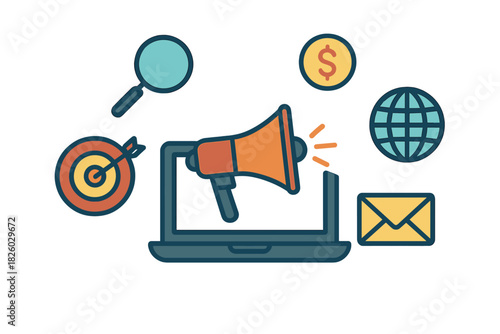 Digital marketing strategy featuring megaphone, laptop, target, global network, and financial success
