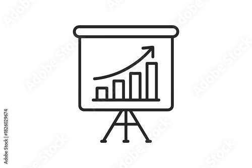 Presentation board with business growth chart and upward trend arrow on tripod stand