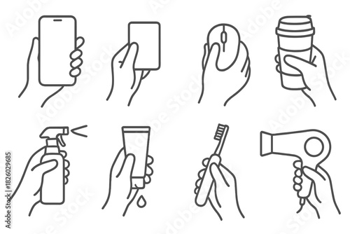 Hands holding daily objects, technology gadgets, and personal care products in outline style