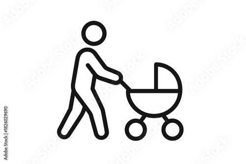 Generic parent figure walking while pushing a baby carriage or infant stroller