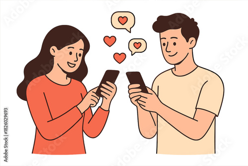 Happy young couple exchanging digital hearts and messages on social media using smartphones