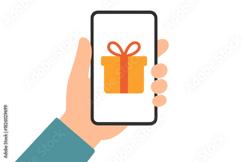 Hand holding smartphone with gift box icon for online rewards and special offers