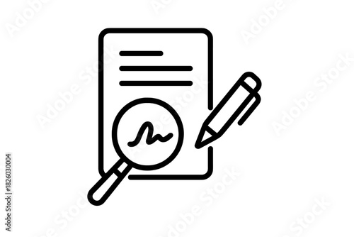 Legal contract signing process with document, signature verification and magnifying glass