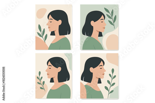 Four minimalist abstract portraits of a woman in profile with organic shapes and botanical elements
