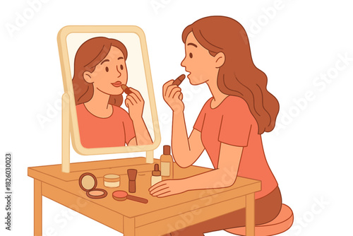 Young woman applying red lipstick looking in a mirror at a dressing table with cosmetics