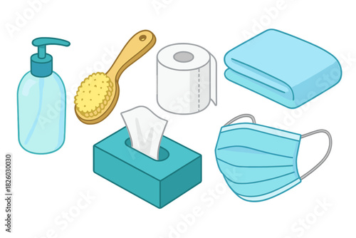 Essential hygiene products set including hand sanitizer, tissues, toilet paper, and face mask