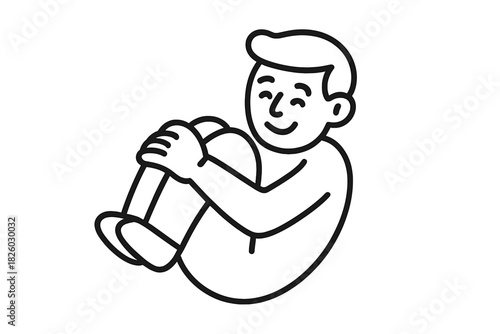Contented person sitting curled up hugging knees in a safe and comfortable relaxed position
