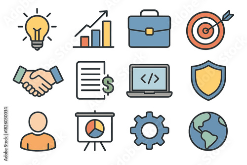 Modern outline symbols for business, finance, technology, growth, security, and global partnership