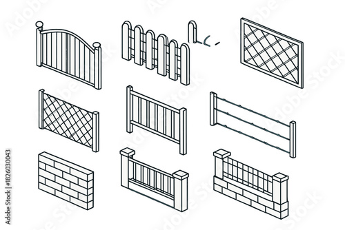 Isometric collection of architectural fence and railing designs: wood, metal, lattice, and brick walls