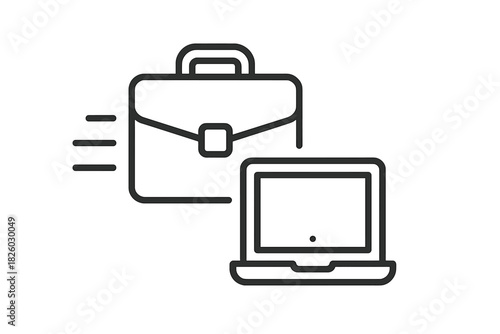 Briefcase moving quickly next to a laptop computer symbolizing fast business workflow