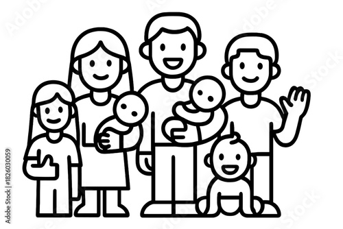 Large happy family standing together featuring parents, siblings, and two infants