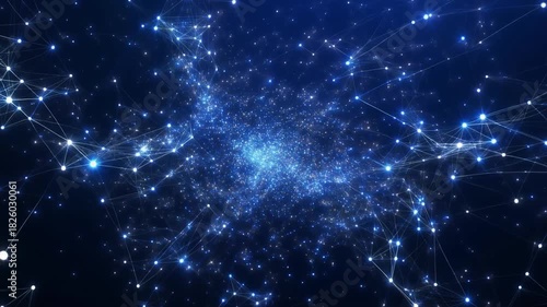 Futuristic technology concept with a glowing blue plexus of interconnected digital nodes
