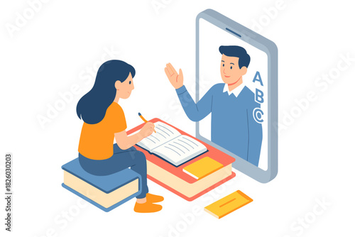 Female student attending virtual class via smartphone application in isometric style