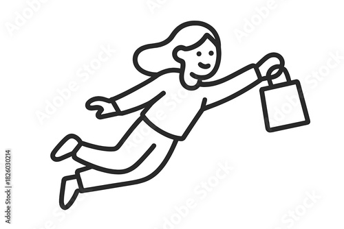 Cheerful person flying through the air carrying a shopping bag for express delivery