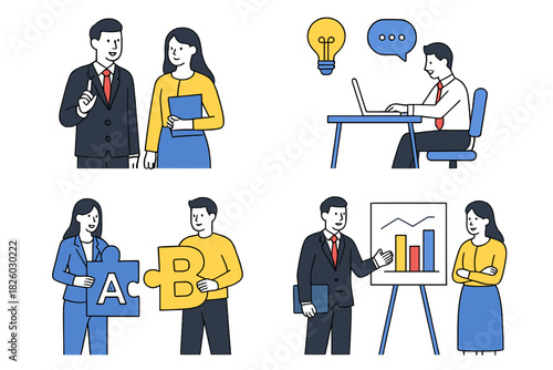 Professional colleagues collaborating, presenting data analysis, developing new ideas, and solving business problems