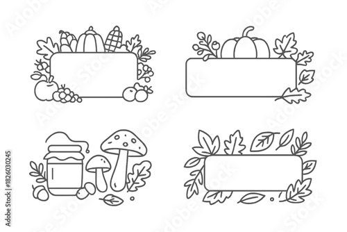 Autumn harvest frames with pumpkins mushrooms and fall leaves borders