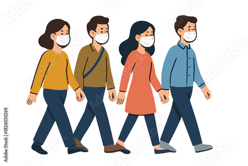 Diverse group of pedestrians walking in a row wearing white protective masks