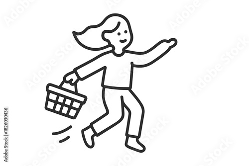 Happy woman running quickly with empty shopping basket during sale