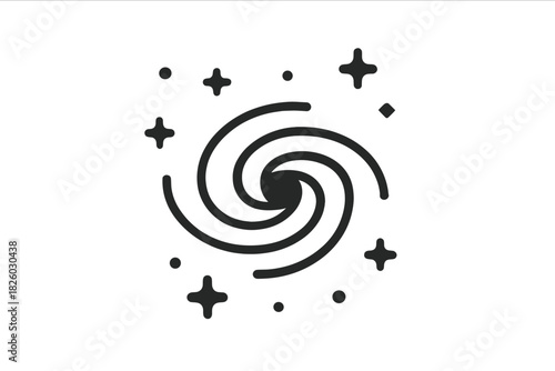 Abstract black and white outline drawing of a swirling spiral galaxy and stars