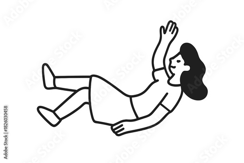 Simple black and white drawing of a woman floating or falling with her arm reaching up